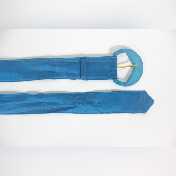 1980’s Turquoise Silk Belt with Art Deco Style Buckle Retro Disco - Picture 3 of 7